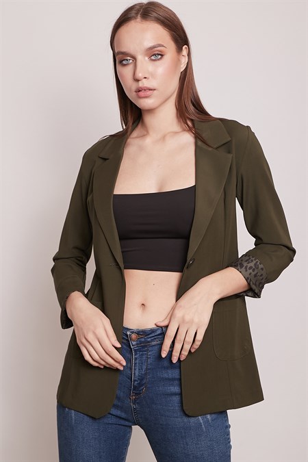 Yakalı Cepli Uzun Kol Kolu İsterse Katlanabilen Kumaş Blazer Ofis Ceket-Koyu Yeşil 