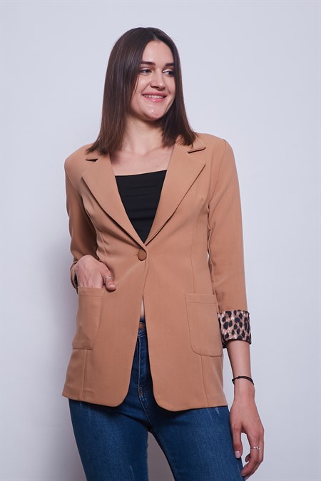 Yakalı Cepli Uzun Kol Kolu İsterse Katlanabilen Kumaş Blazer Ofis Ceket-Camel 