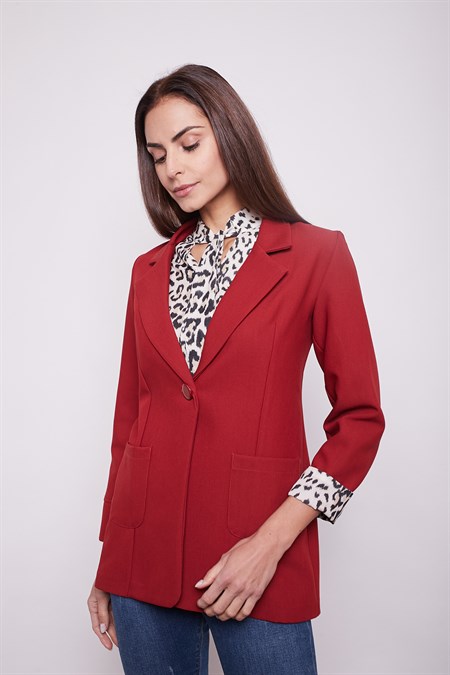 Yakalı Cepli Uzun Kol Kolu İsterse Katlanabilen Kumaş Blazer Ofis Ceket-Kiremit 