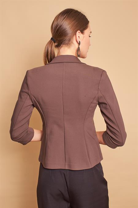 Yakalı Flato Cepli Capri Truvakar Kol Kısa Blazer Kumaş Ceket -Kaki 