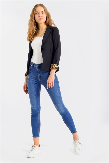 Yakalı Flato Cepli Kolu Duble Uzun Kol Ofis Şık Blazer Kumaş Ceket-Siyah