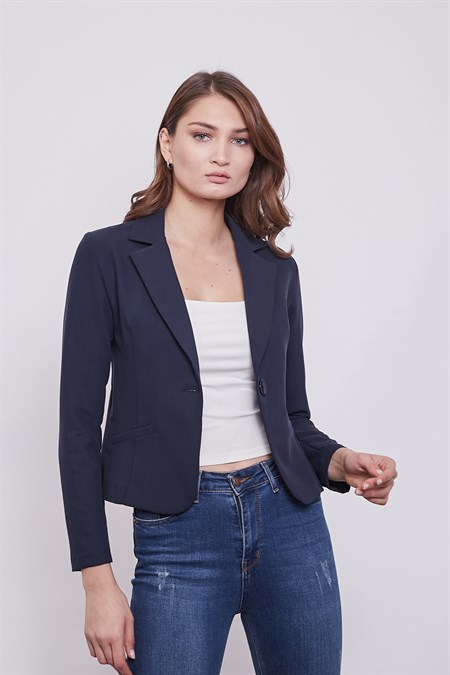 Yakalı Flato Cepli Uzun Kol Pamuklu Kumaş Kısa Blazer Ofis Ceket-Lacivert