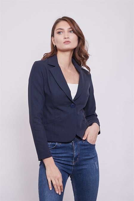 Yakalı Flato Cepli Uzun Kol Pamuklu Kumaş Kısa Blazer Ofis Ceket-Lacivert