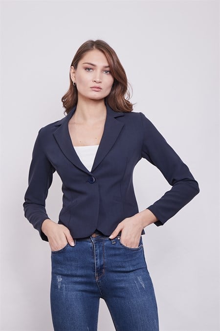 Yakalı Flato Cepli Uzun Kol Pamuklu Kumaş Kısa Blazer Ofis Ceket-Lacivert