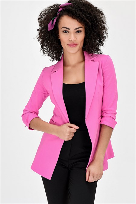Kapri Truvakar Kol Süs Cepli Kopçalı Ofis Blazer Kumaş Ceket-Pembe