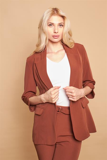 Yakalı Tek Düğmeli Kapri Kollu Kolu Yırtmaçlı Hafif Likralı Kumaş Blazer Ofis Ceket-Koyu Taba