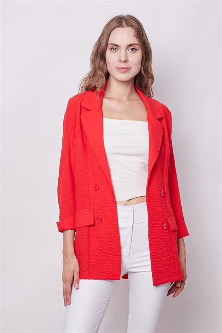 Yazlık Likrasız Keten Kumaş Yakalı Cep Kapaklı Oversize Blazer Ceket-Koyu Mercan 