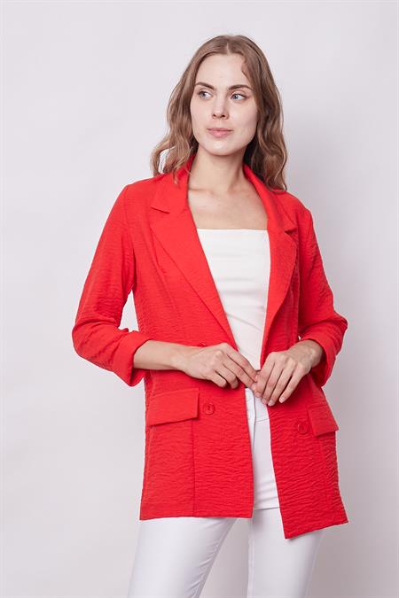 Yazlık Likrasız Keten Kumaş Yakalı Cep Kapaklı Oversize Blazer Ceket-Koyu Mercan 