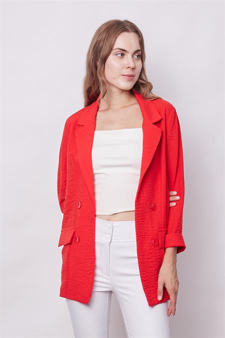 Yazlık Likrasız Keten Kumaş Yakalı Cep Kapaklı Oversize Blazer Ceket-Koyu Mercan 