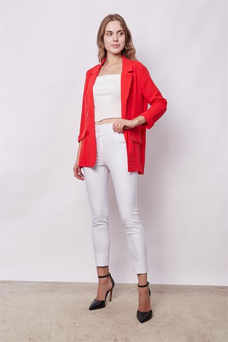 Yazlık Likrasız Keten Kumaş Yakalı Cep Kapaklı Oversize Blazer Ceket-Koyu Mercan 