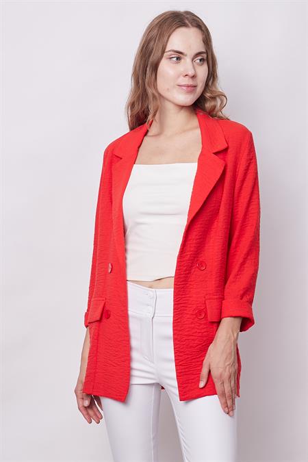 Yazlık Likrasız Keten Kumaş Yakalı Cep Kapaklı Oversize Blazer Ceket-Koyu Mercan 