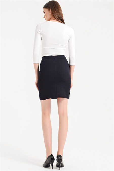 Yüksek Bel Anvelop Kruvaze Hafif Likralı Kumaş Kalem Ofis Etek-Lacivert 