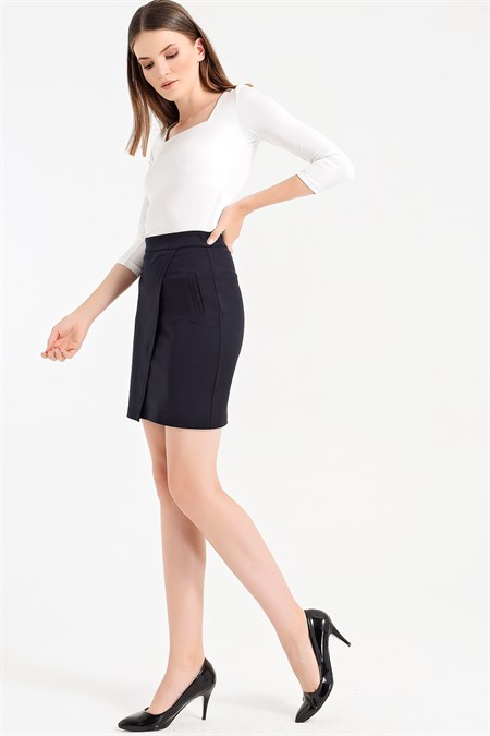 Yüksek Bel Anvelop Kruvaze Hafif Likralı Kumaş Kalem Ofis Etek-Lacivert 