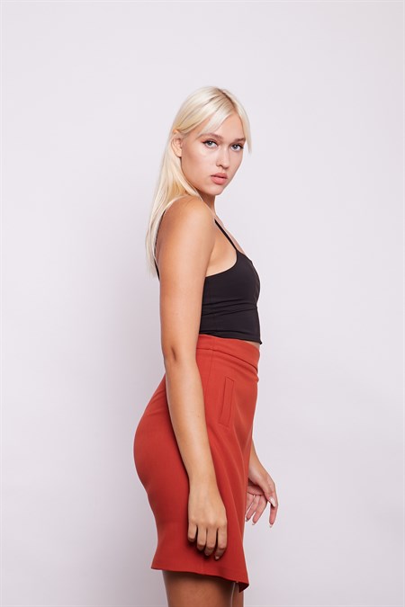 Yüksek Bel Anvelop Kruvaze Hafif Likralı Kumaş Kalem Ofis Etek-Kiremit 