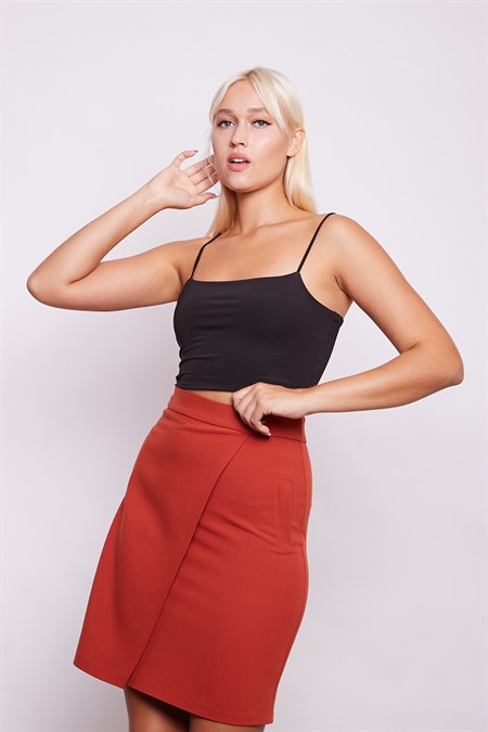 Yüksek Bel Anvelop Kruvaze Hafif Likralı Kumaş Kalem Ofis Etek-Kiremit 