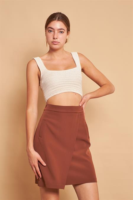 Yüksek Bel Anvelop Kruvaze Pamuklu Likralı Kumaş Kalem Ofis Etek -Koyu Taba 