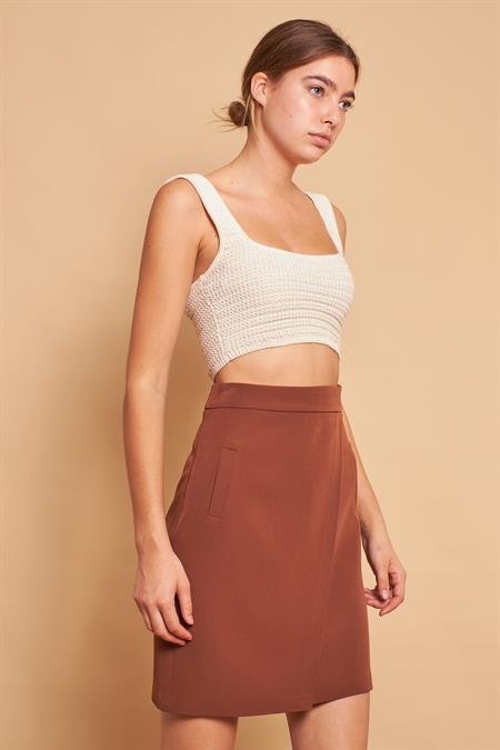 Yüksek Bel Anvelop Kruvaze Pamuklu Likralı Kumaş Kalem Ofis Etek -Koyu Taba 