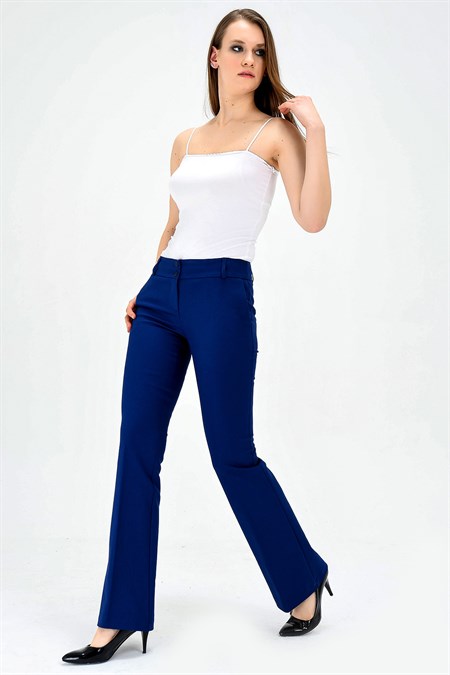 Kalın Kemerli Cepli İspanyol Bol Paça Likralı Kumaş Pantolon-İndigo