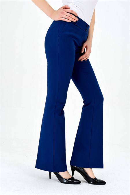 Kalın Kemerli Cepli İspanyol Bol Paça Likralı Kumaş Pantolon-İndigo