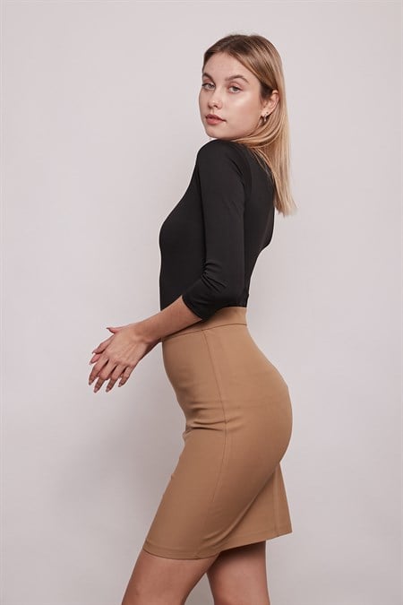 Yüksek Bel Diz Üstü Şık Kumaş Kalem Etek-Camel