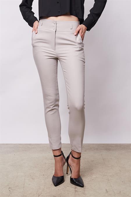 Yüksek Bel Kalın Kemerli Cepli Dar Paça Bilek Boy Pamuklu Likralı Kumaş Pantolon - Taş