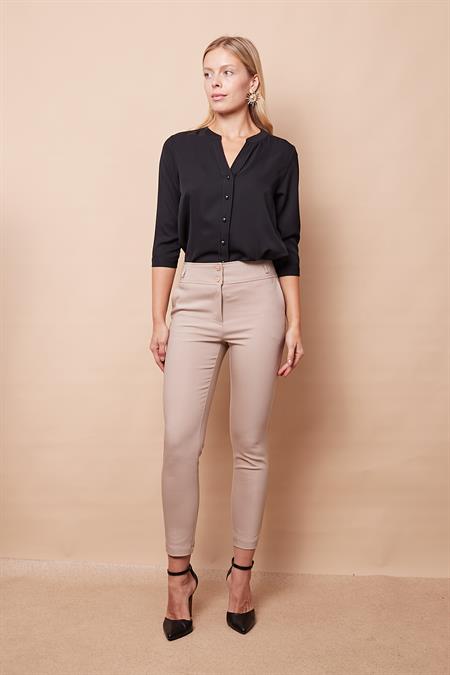 Yüksek Bel Kalın Kemerli Cepli Dar Paça Bilek Boy Pamuklu Likralı Kumaş Pantolon-Bej