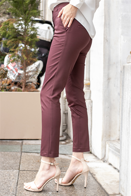 Yüksek Bel Kalın Kemerli Cepli Dar Paça Bilek Boy Pamuklu Likralı Kumaş Pantolon -Bordo 