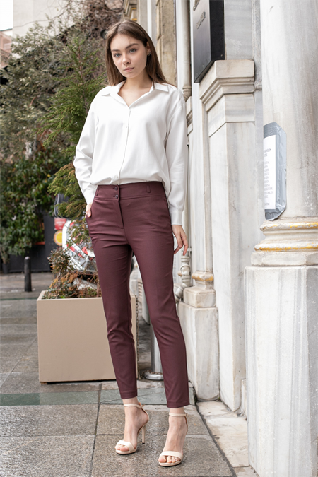 Yüksek Bel Kalın Kemerli Cepli Dar Paça Bilek Boy Pamuklu Likralı Kumaş Pantolon -Bordo 