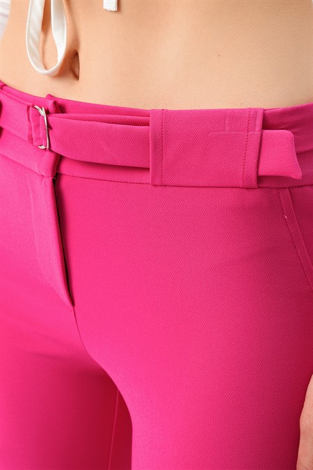 Kalın Kemerli D Tokalı Likralı Bilek Boy Kumaş Pantolon-Magenta