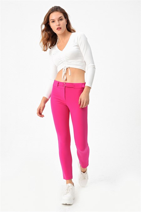 Kalın Kemerli D Tokalı Likralı Bilek Boy Kumaş Pantolon-Magenta