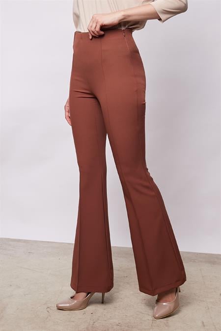 Yüksek Bel Ön Arka Dikişli İspanyol Paça Tayt Likralı Kumaş Pantolon-Koyu Taba