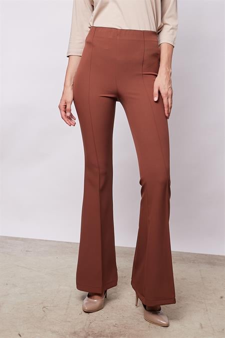 Yüksek Bel Ön Arka Dikişli İspanyol Paça Tayt Likralı Kumaş Pantolon-Koyu Taba