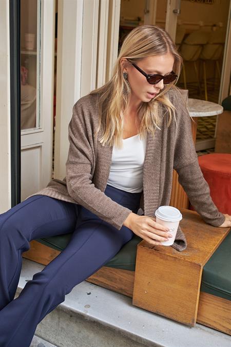 Yüksek Bel Ön Arka Dikişli İspanyol Paça Tayt Likralı Kumaş Pantolon-Lacivert