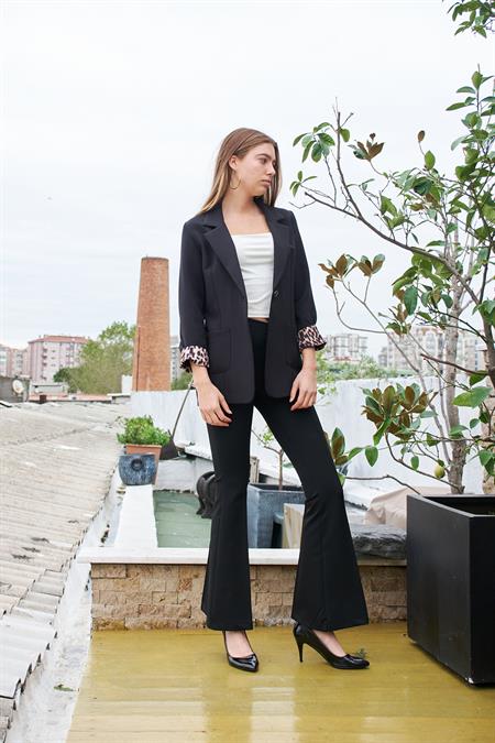 JUMENTYüksek Bel Ön Arka Dikişli İspanyol Paça Tayt Likralı Kumaş Pantolon-Siyah