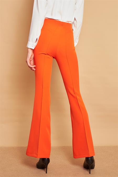 Yüksek Bel Ön Arka Dikişli İspanyol Paça Tayt Likralı Kumaş Pantolon-Oranj 