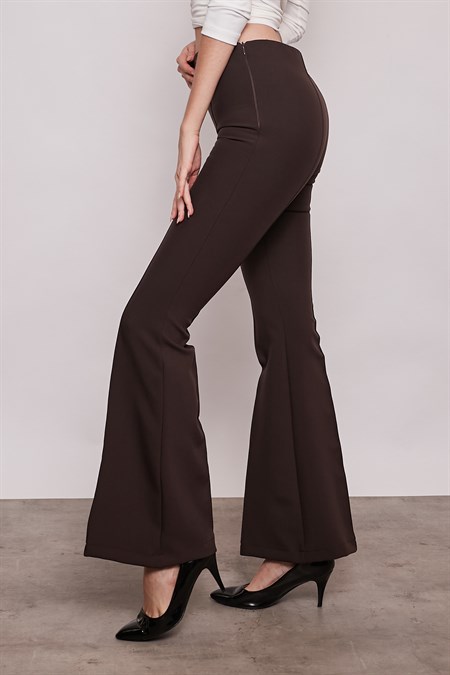 Yüksek Bel Ön Arka Dikişli İspanyol Paça Tayt Likralı Kumaş Pantolon-Kahverengi