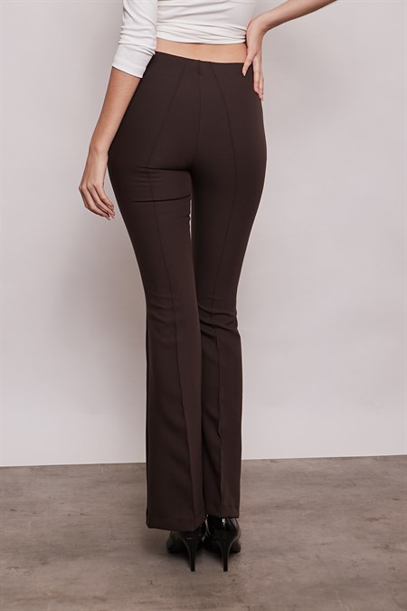 Yüksek Bel Ön Arka Dikişli İspanyol Paça Tayt Likralı Kumaş Pantolon-Kahverengi