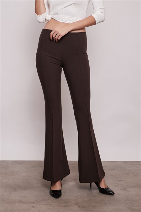 Yüksek Bel Ön Arka Dikişli İspanyol Paça Tayt Likralı Kumaş Pantolon-Kahverengi