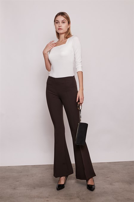 Yüksek Bel Ön Arka Dikişli İspanyol Paça Tayt Likralı Kumaş Pantolon-Kahverengi