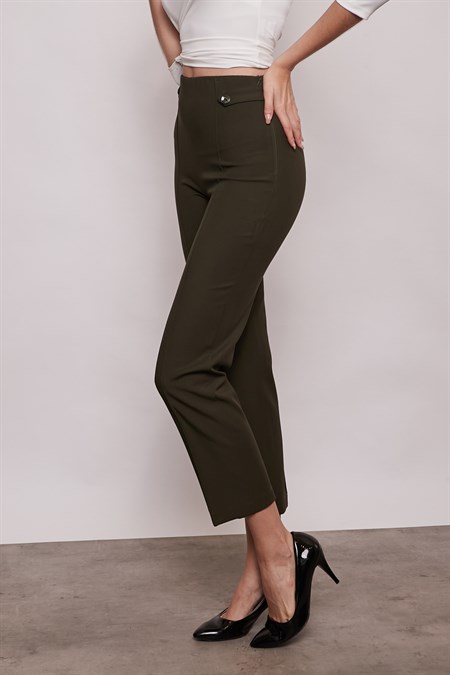 Kadın Yüksek Bel Önü Dikişli Beli Apoletli Düğmeli Boru Paça Kumaş Pantolon-Koyu Yeşil 