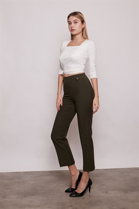 Kadın Yüksek Bel Önü Dikişli Beli Apoletli Düğmeli Boru Paça Kumaş Pantolon-Koyu Yeşil 