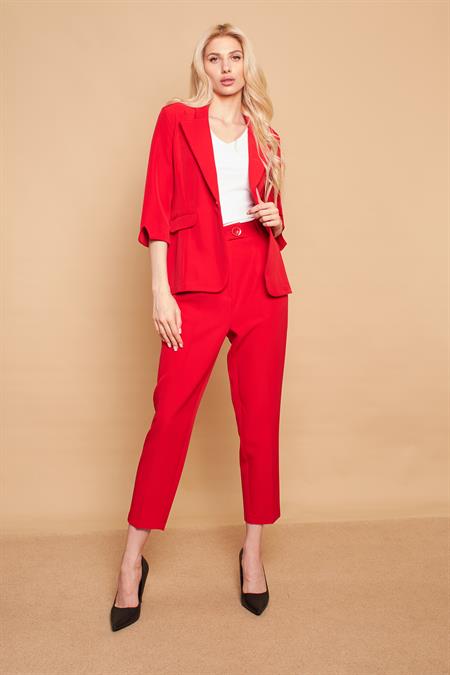 Yüksek Bel Pileli Cepli Boyfriend Hafif Likralı Kumaş Pantolon-Kırmızı