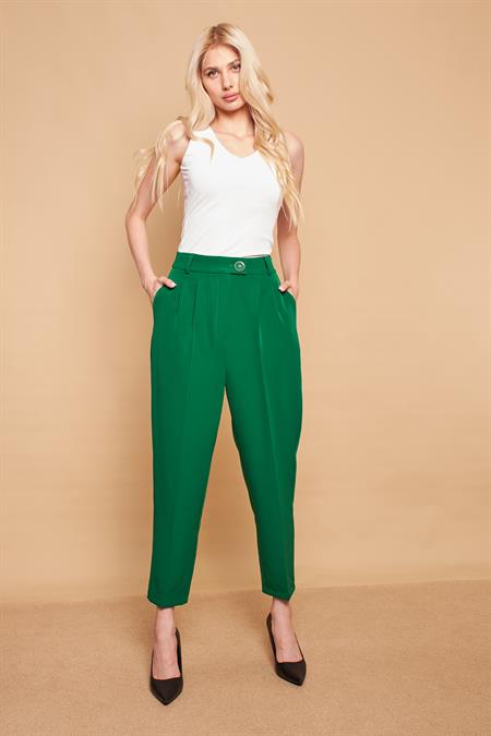 Yüksek Bel Pileli Cepli Boyfriend Hafif Likralı Kumaş Pantolon-B.Yeşil