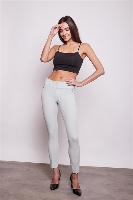 Kalın Kemerli Süs Cepli Bilek Boy Likralı Kumaş Pantolon-Mint 