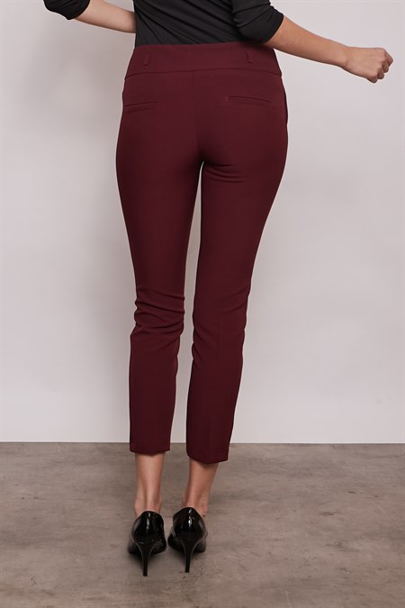 Kalın Kemerli Süs Cepli Bilek Boy Likralı Kumaş Pantolon-Bordo