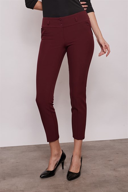 Kalın Kemerli Süs Cepli Bilek Boy Likralı Kumaş Pantolon-Bordo