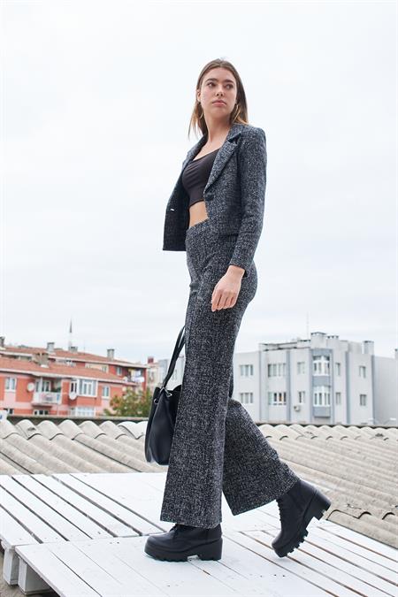 JUMENTYünlü Hafif Esnek Kumaş Yüksek Bel Önü Dikişli Bol Paça Palazzo Pantolon-Siyah Diyagonel