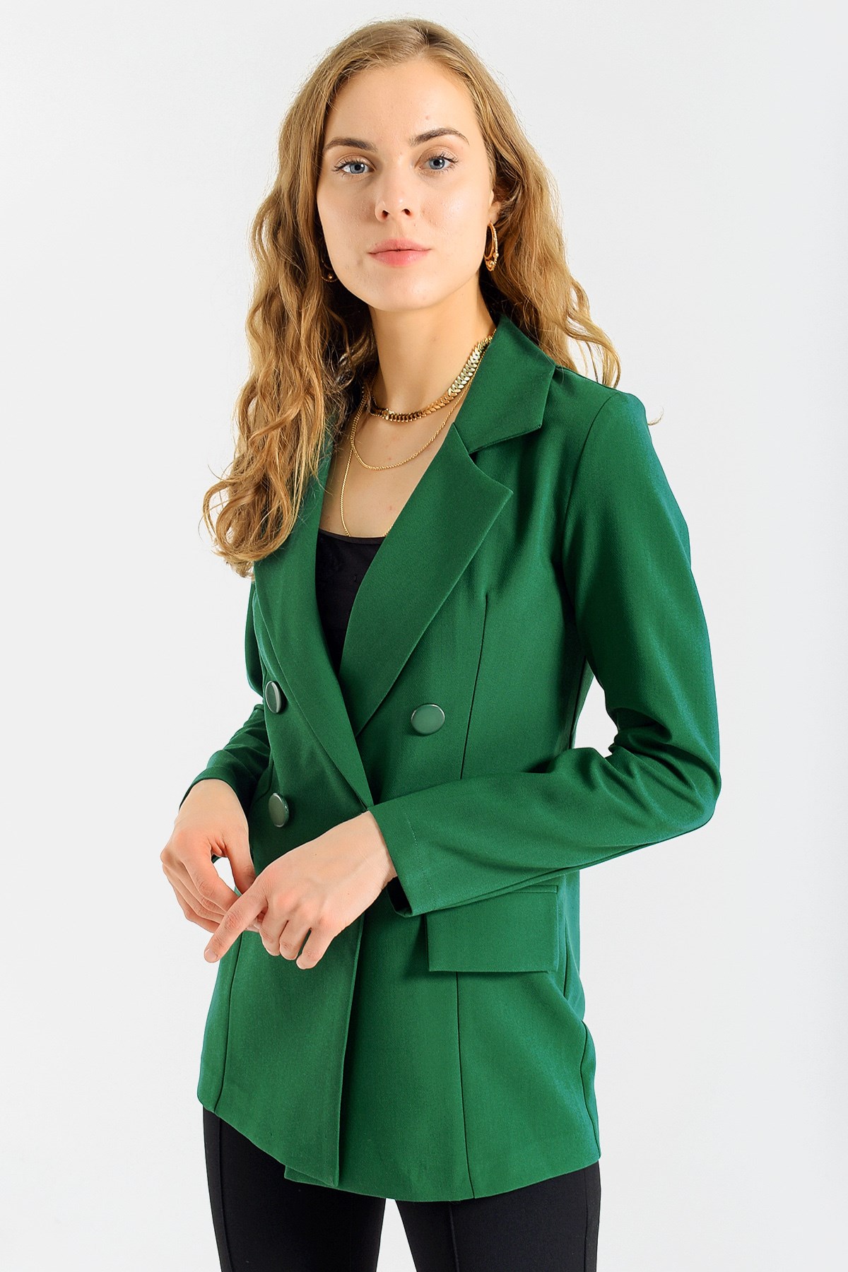 Kadın Düğme Detaylı Uzun Kol Şık Ofis Süs Cep Kapaklı Kumaş Blazer Ceket-K.Yeşil  37013 | Jument.com.tr