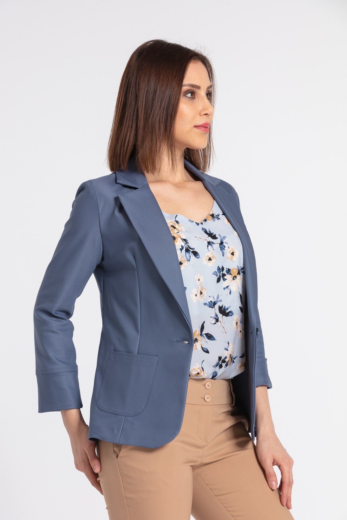 Kadın Yakalı Kapri Kol Tek Düğmeli Şık Ofis Blazer Ceket -Dirty Blue 30033  | Jument.com.tr