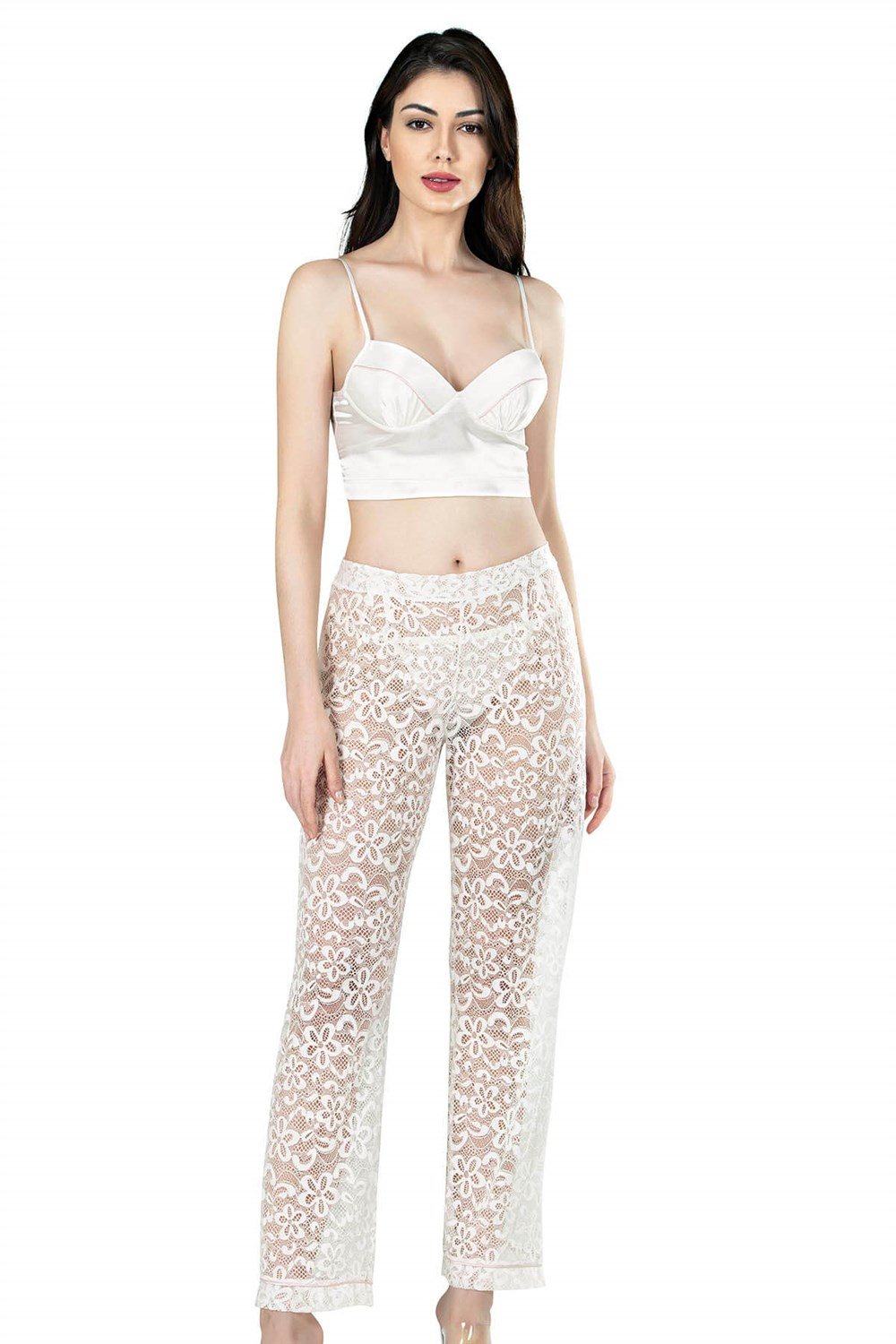 Ahu Ekru Üçlü Büstiyerli Saten Sabahlık Gecelik Pijama Takımı 7537